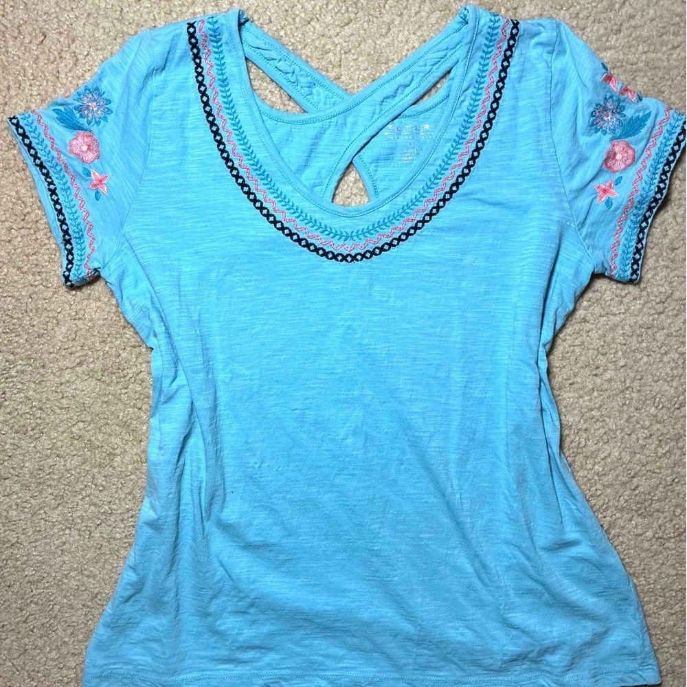 Roper Blue Floral Embroidered Short Sleeve Top 100% Cotton Country Western Small